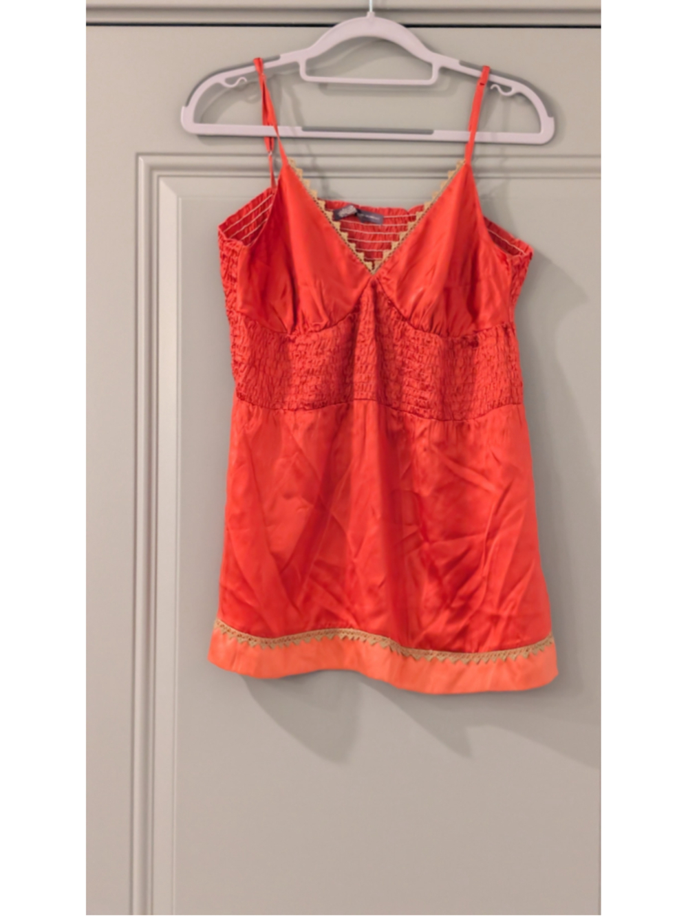 Hale Bob Coral Satin Smocked Crochet Lace Trim Cami Top Small